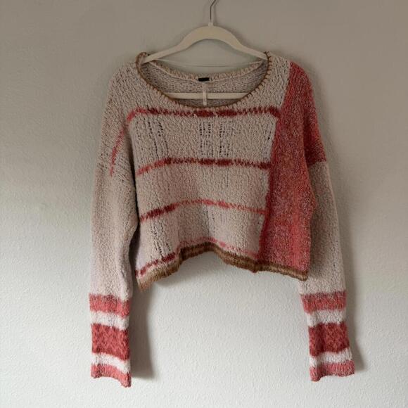 EUC Free People Emerson Pullover Cropped Sweater Neutral Pink/White Size XL $148 - Picture 7 of 8
